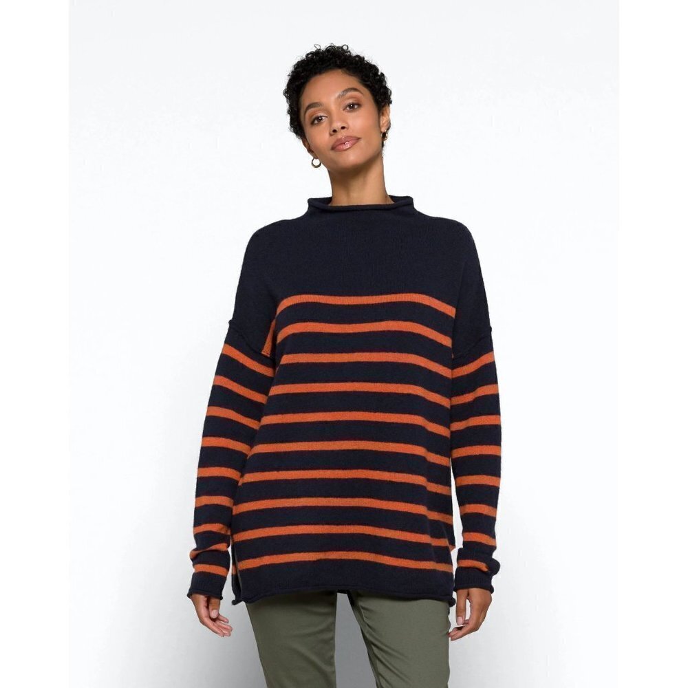Madewell Striped Whitworth Mockneck Sweater Coziest Yarn NB394 XXS Navy Orange